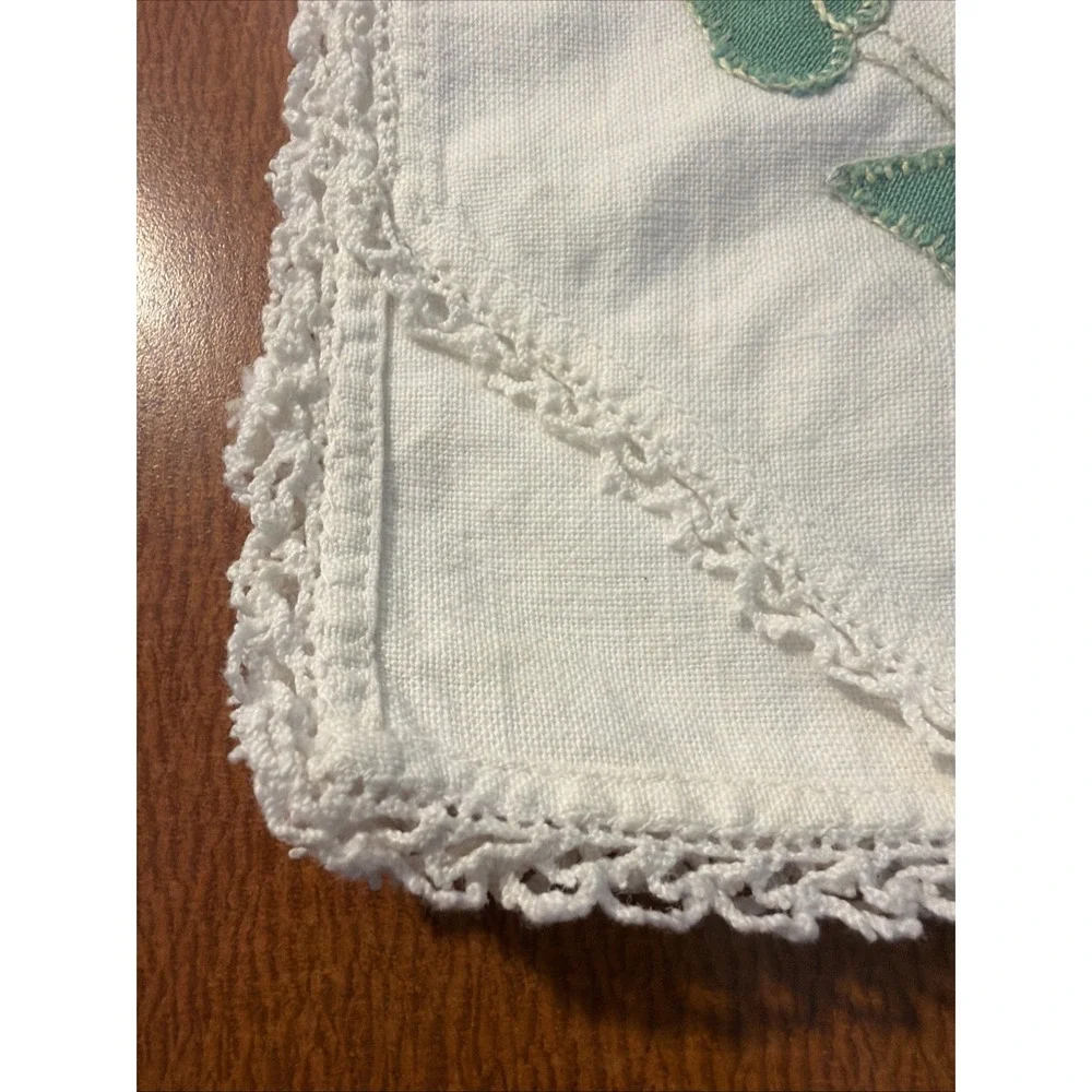 Vtg Hand Appliqué Lace Trimmed Set Of 2 Linen Napkins Exc Cond